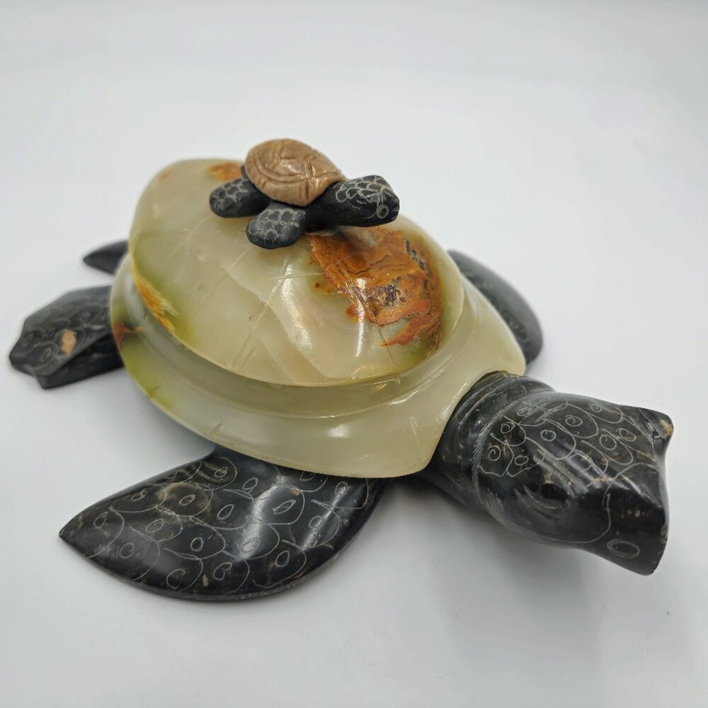 Stone Carved Turtle Box Hinged Lid Mother Baby Vintage Read